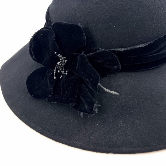 Vintage Importina Black Wide Brim Cloche Hat Flower Detail - 100% Wool main image 4